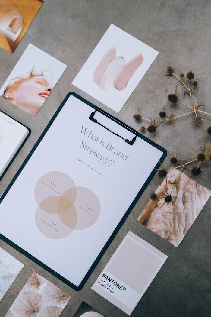 Overhead view of brand strategy documents with artistic visuals for business planning.